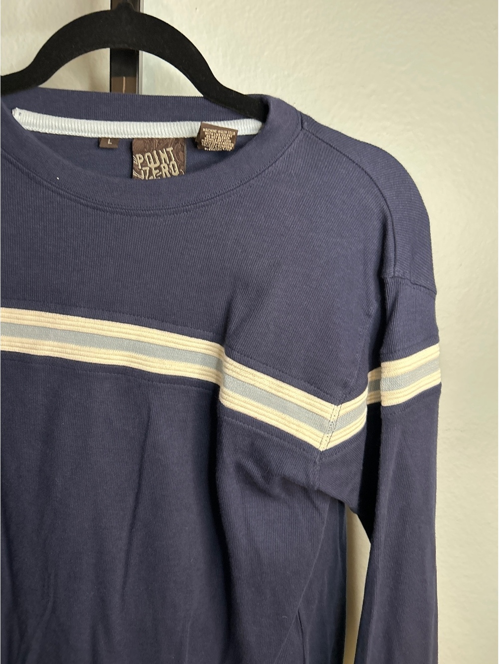 Point Zero boys Navy Blue Long Sleeve Shirt with White Stripes, Size Large
